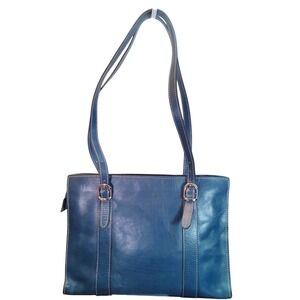 Floto Italian Leather Tote Handbag Blue Shoulder Bag Made in Italy Stripe Lining
